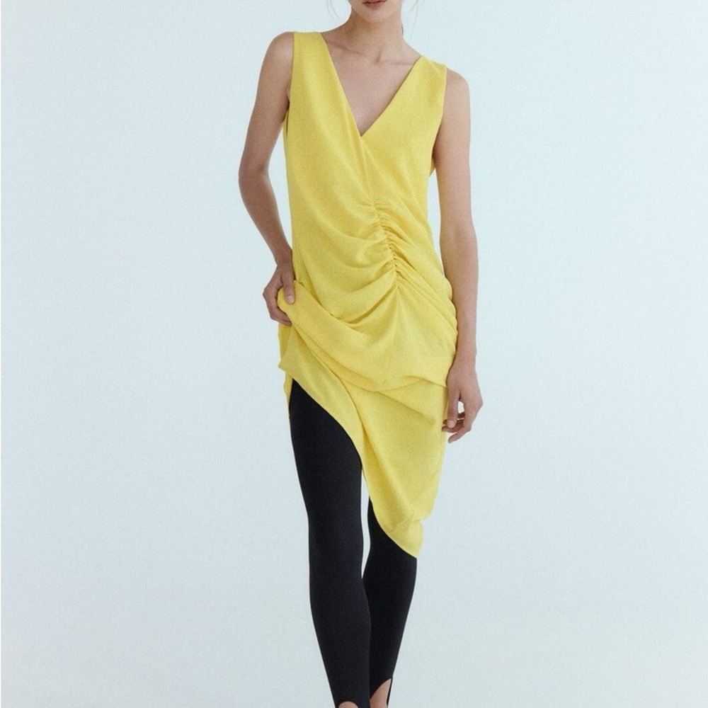 Zara Center Ruched Yellow Lemon V-Neck Midi Dress Boho Beach Medium
